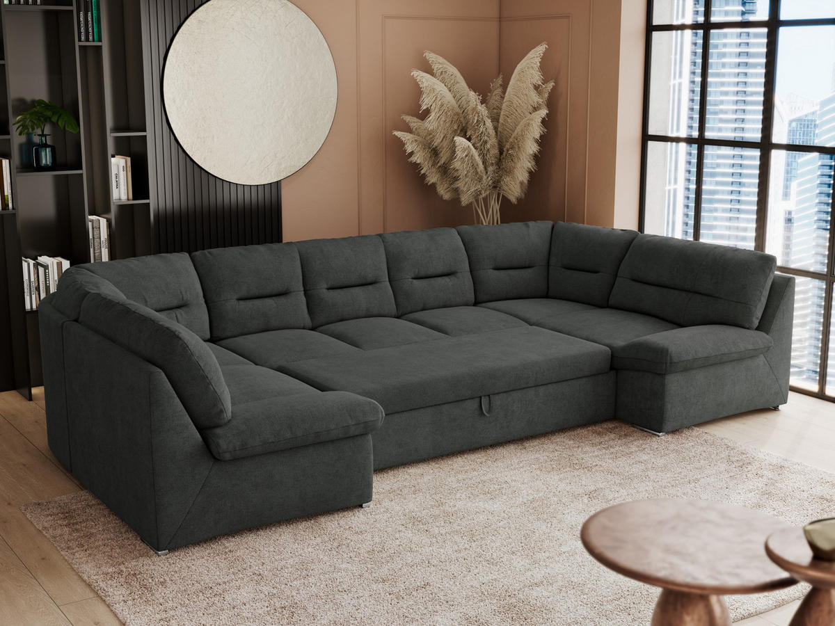 WOHNLANDSCHAFT COMODO U Dunkelgrau Struktur - Dunkelgrau/Silberfarben, Textil/Metall (340/93/206cm) - MKS