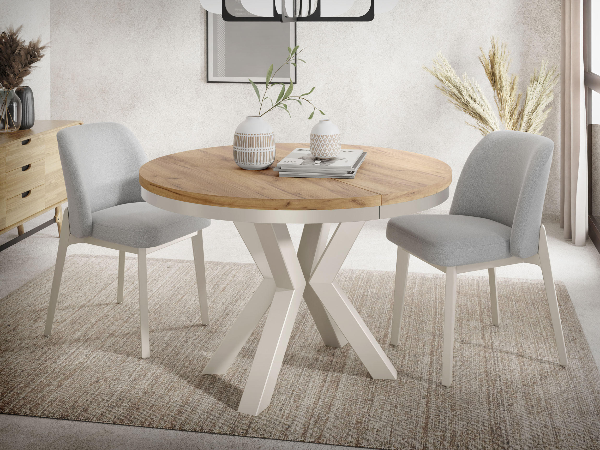 ESSTISCH Clara Beige Cashmere runder ausziehbarer, Craft Eiche 120-200/120/76 cm - Kaschmir/Eiche Wotan, Holzwerkstoff/Metall (120/120/76cm) - WFL GROUP