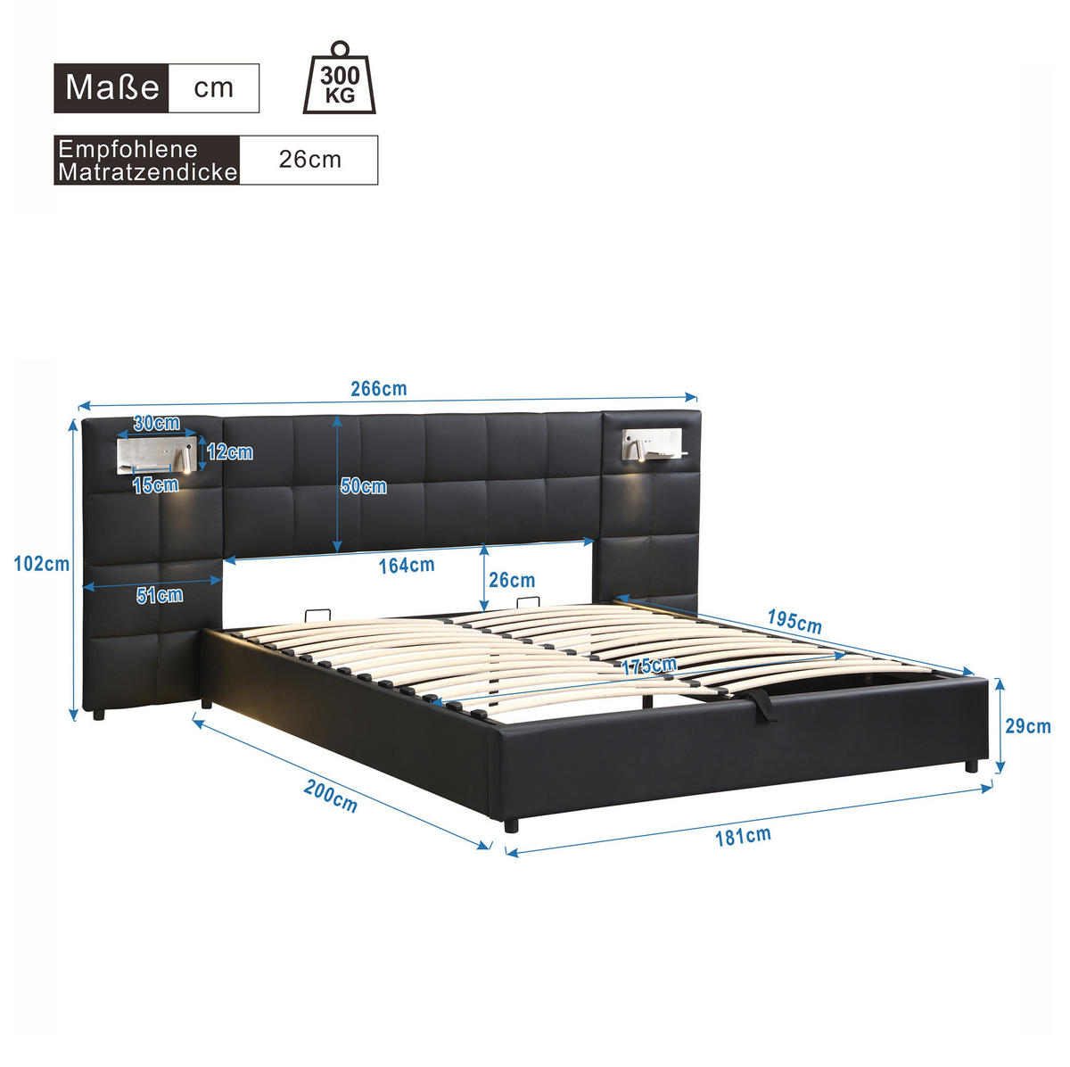 POLSTERBETT 180/200 cm mit Bettkasten, USB und LED-Beleuchtung in Schwarz - Schwarz, Kunststoff (180/200cm) - BEAOK