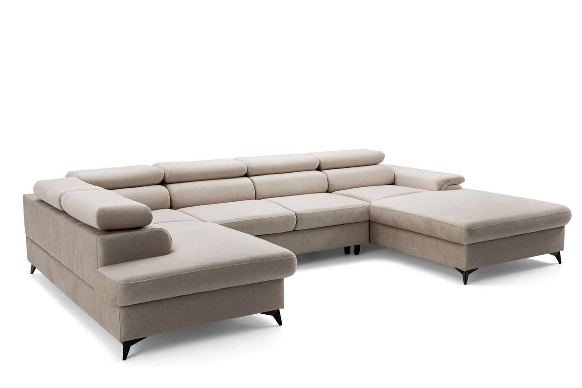ECKSOFA U-Form PLAZA U Rechts mit Schlaffunktion 125x256 Velours Dunkelbeige - Beige/Creme, Holz/Kunststoff (210/95/350cm) - Muffo