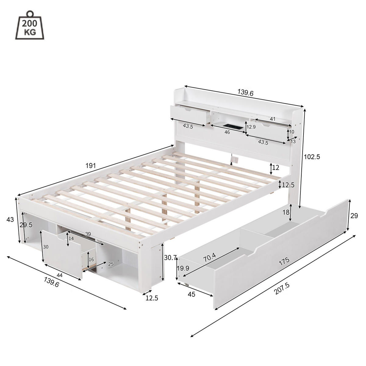 KINDERBETT 135/190 cm Weiß mit USB-Anschluss und großem Stauraum aus MDF - Weiß, Holzwerkstoff (135/190cm) - OKWISH