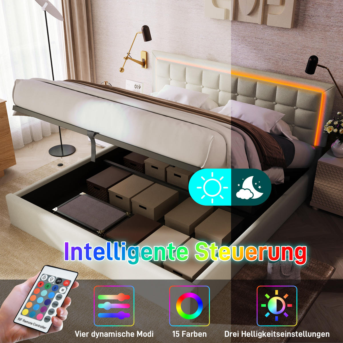 STAURAUMBETT 140/200 cm DE-00021, in Weiß, hydraulischem Lattenrost und LED - Weiß, Metall (140/200cm) - ComfortXL