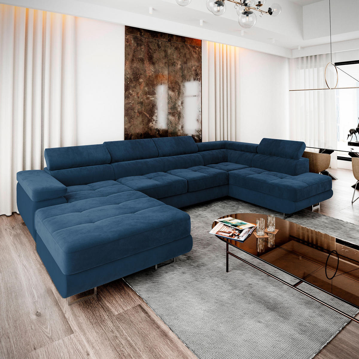 WOHNLANDSCHAFT CASONE R-S Blau Velours-Stoff mit Schlaffunktion - Blau, Holz (345/90/202cm) - MASSENO