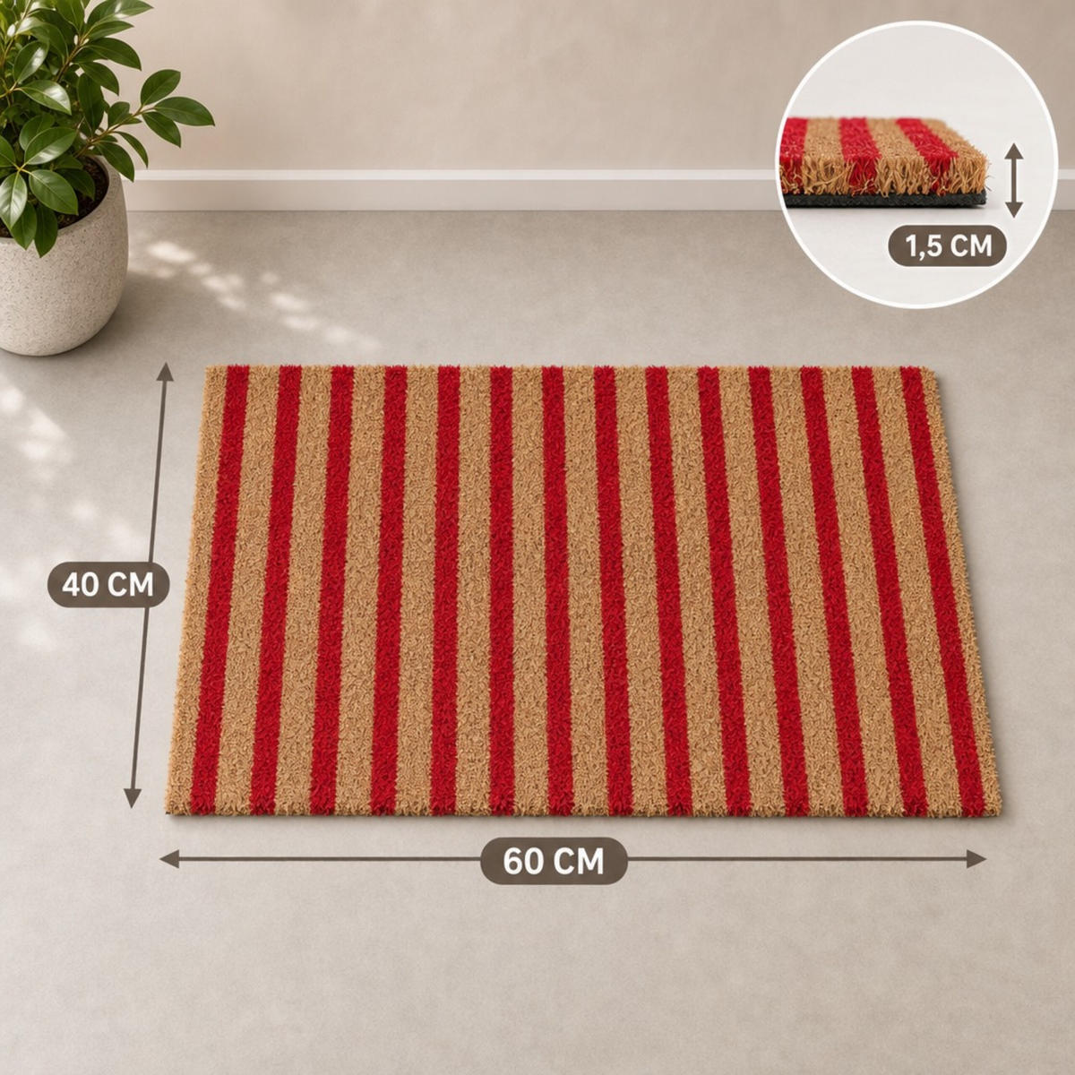 FUSSMATTE Rot Natur Kokos rutschfest 60x40 cm - Multicolor, Kunststoff/Textil (60/40cm) - Relaxdays