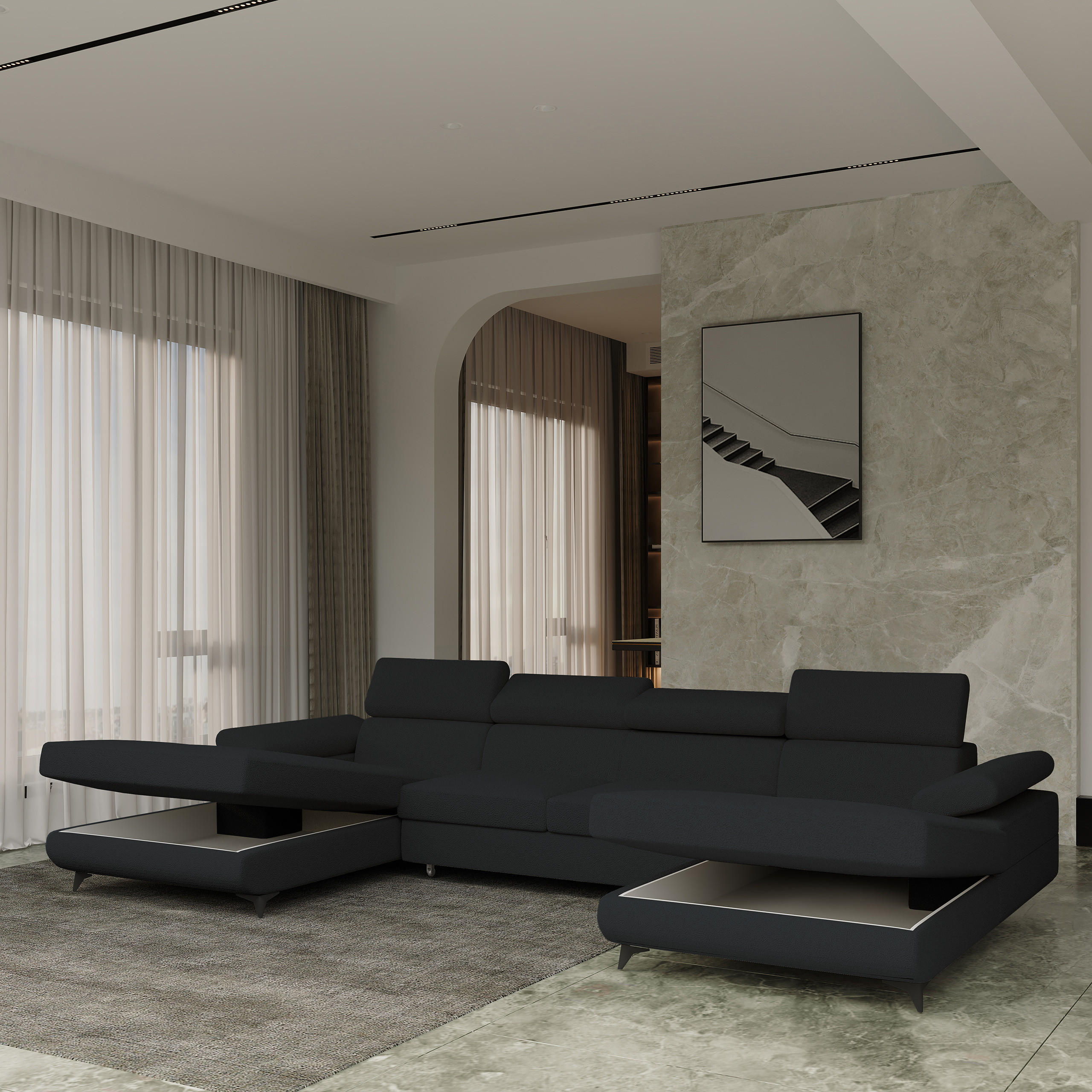 WOHNLANDSCHAFT DETTI Schwarz Boucle-Stoff mit Schlaffunktion - Schwarz, Holz (339/89/190cm) - MASSENO