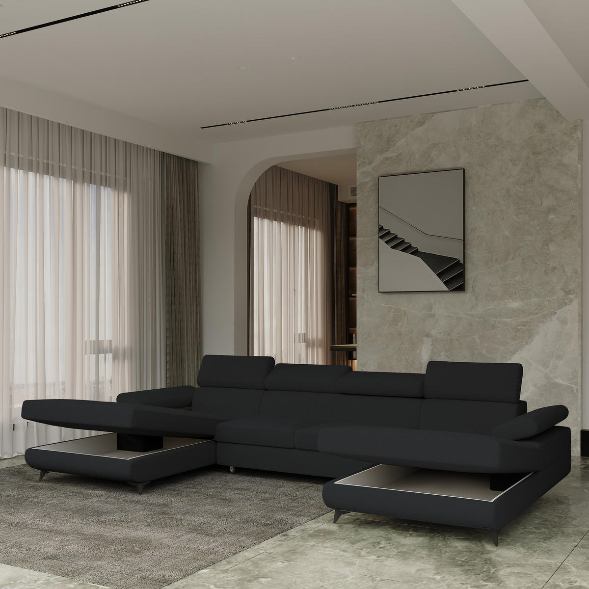 WOHNLANDSCHAFT DETTI Schwarz Boucle-Stoff mit Schlaffunktion - Schwarz, Holz (339/89/190cm) - MASSENO