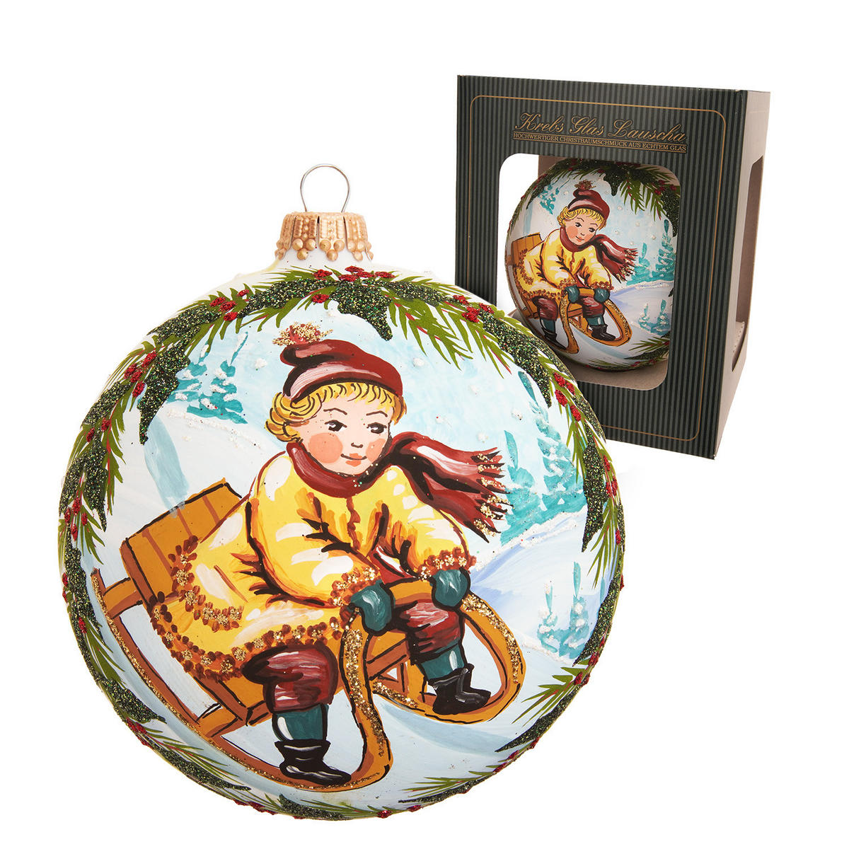 CHRISTBAUMKUGEL Junge auf Schlitten Weiß 10cm (Glas / 1 Stk.) - Weiß, Glas (10/10/10cm) - Krebs Glas Lauscha