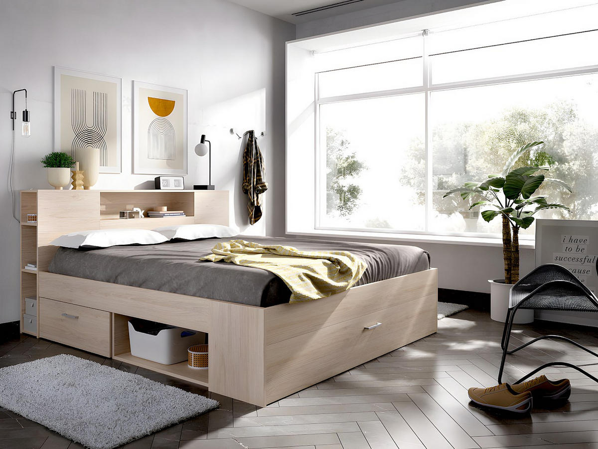 BETT mit Kopfteil, Stauraum & Schubladen + Lattenrost - 140 x 190 cm - Naturfarben - LEANDRE - Naturfarben, Holz (140/190cm) - Vente-Unique