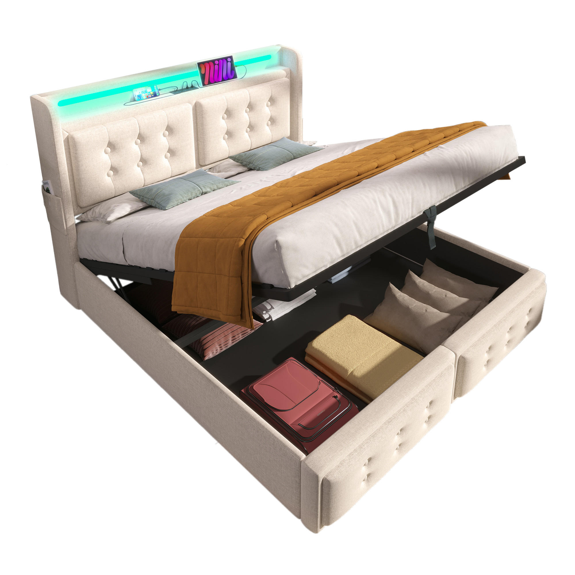 STILVORA ČALOUNĚNÁ POSTEL 160/200 cm béžová s úložným prostorem, LED, USB a Type-C, lněný design