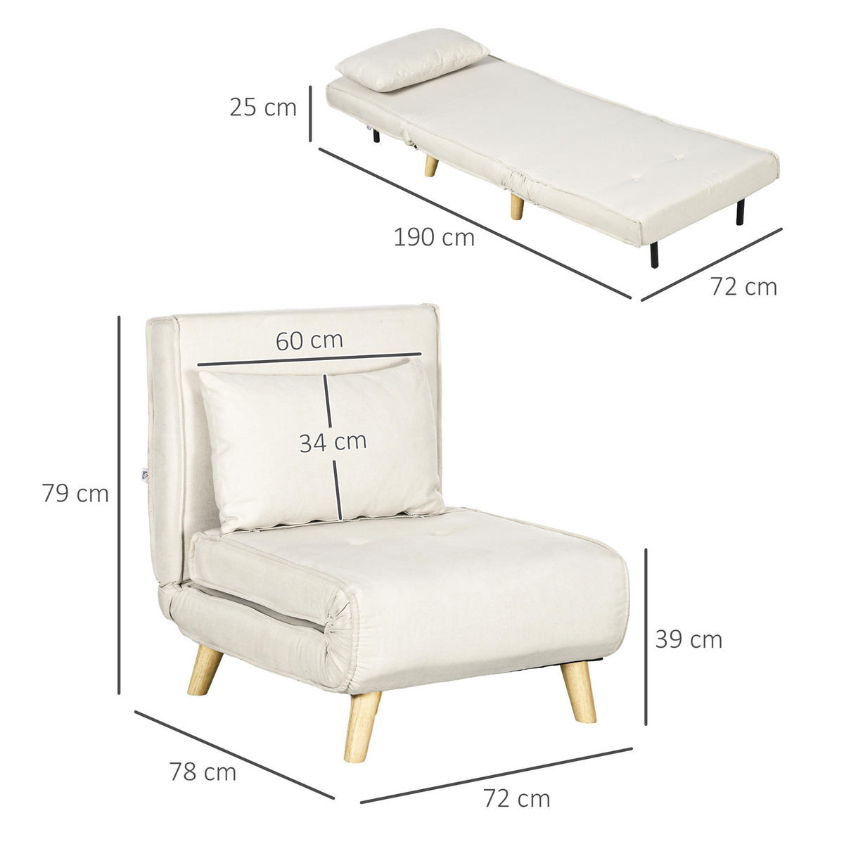 SCHLAFSESSEL, Klappbett mit Bettfunktion, Lendenkissen, für Wohnzimmer Creme - Creme/Naturfarben, Holz/Textil (78/79/72cm) - HOMCOM