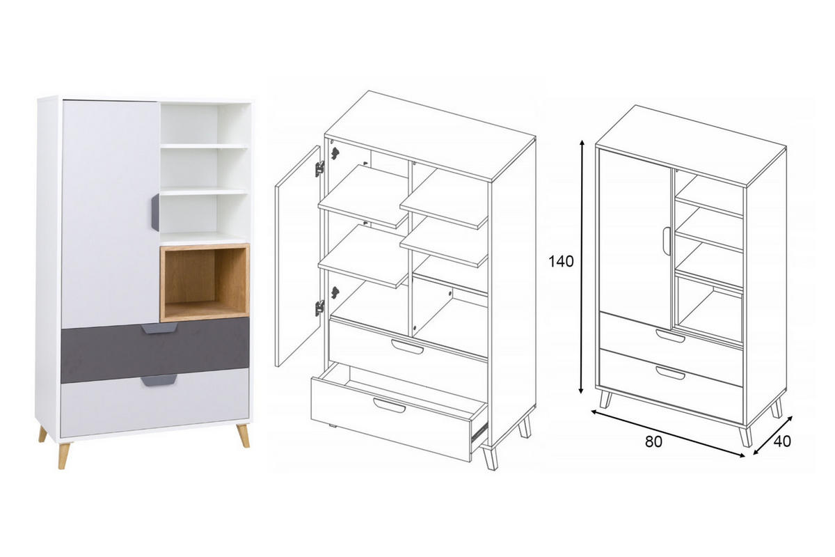 JUGENDZIMMER-SET JUSTIN E 5-teilig in Weiß / Graphit / Grau / Eiche - Eichefarben/Graphitfarben, Holzwerkstoff (331/190/55cm) - Deine Möbel 24