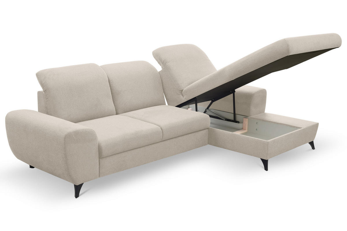 ECKSOFA LUCE R-S Creme Plüsch-Stoff mit Schlaffunktion - Creme, Holz (279/172cm) - MASSENO