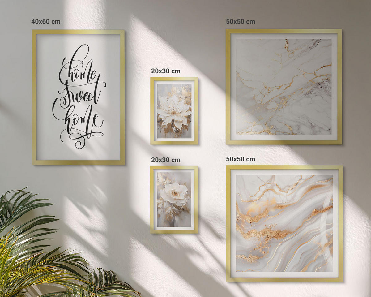 BILDER SET 5er Set - 50x50 cm & 20x30 cm & 40x60 cm Goldrahmen - Porträt von Blumen in intensiven Farben - Goldfarben, Kunststoff (40/60cm) - TULUP