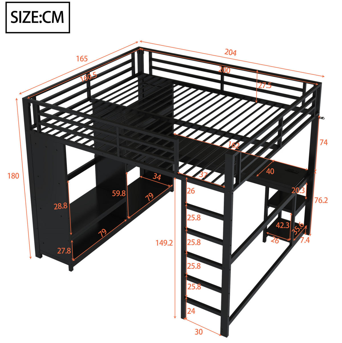 HOCHBETT 160/200 cm in Schwarz mit Schreibtisch, offenem Stauraum und LED-Beleuchtung - Schwarz, Metall (160/200cm) - Flora Grace