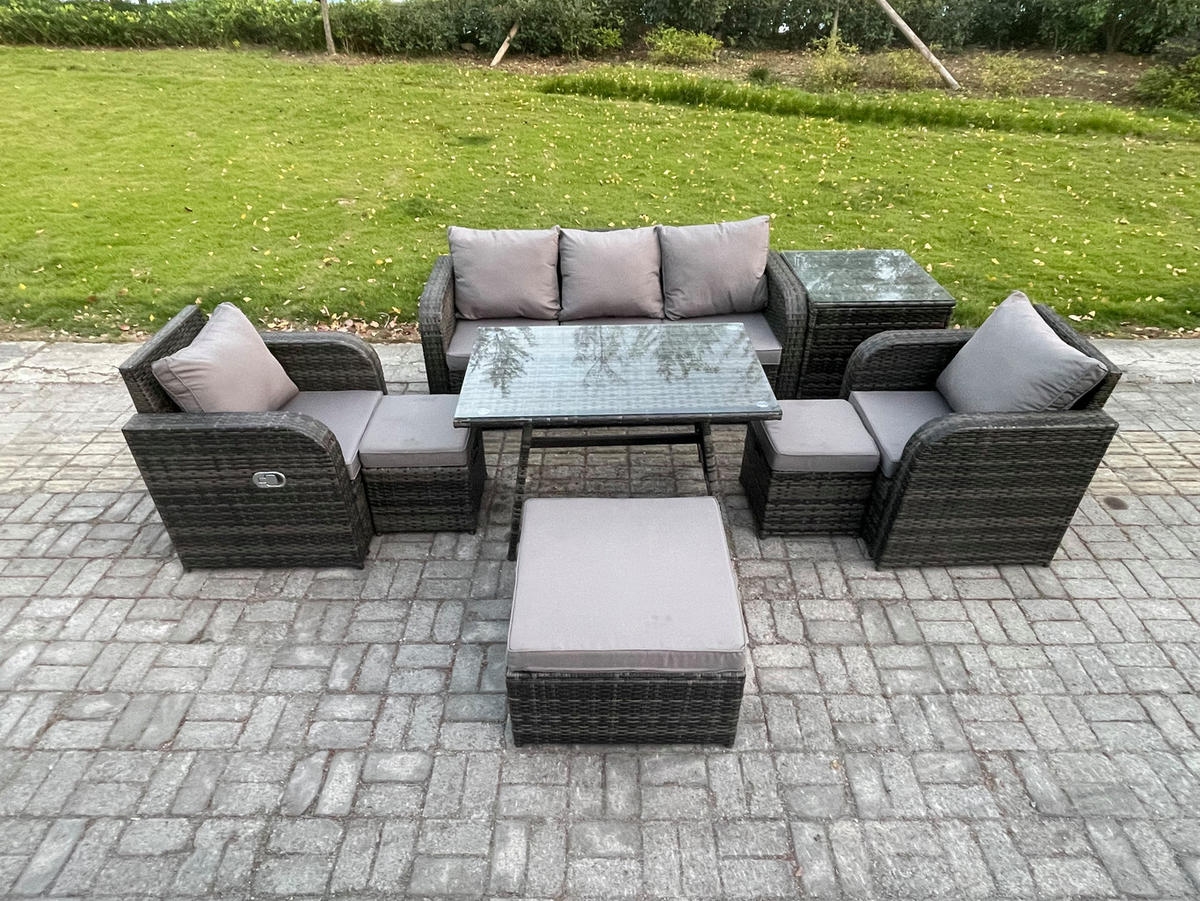 GARTENMÖBEL SET mit COUCHTISCH Polyrattan Dunkelgrau 8-Sitzer - Dunkelgrau/Grau, Glas/Kunststoff - Fimous
