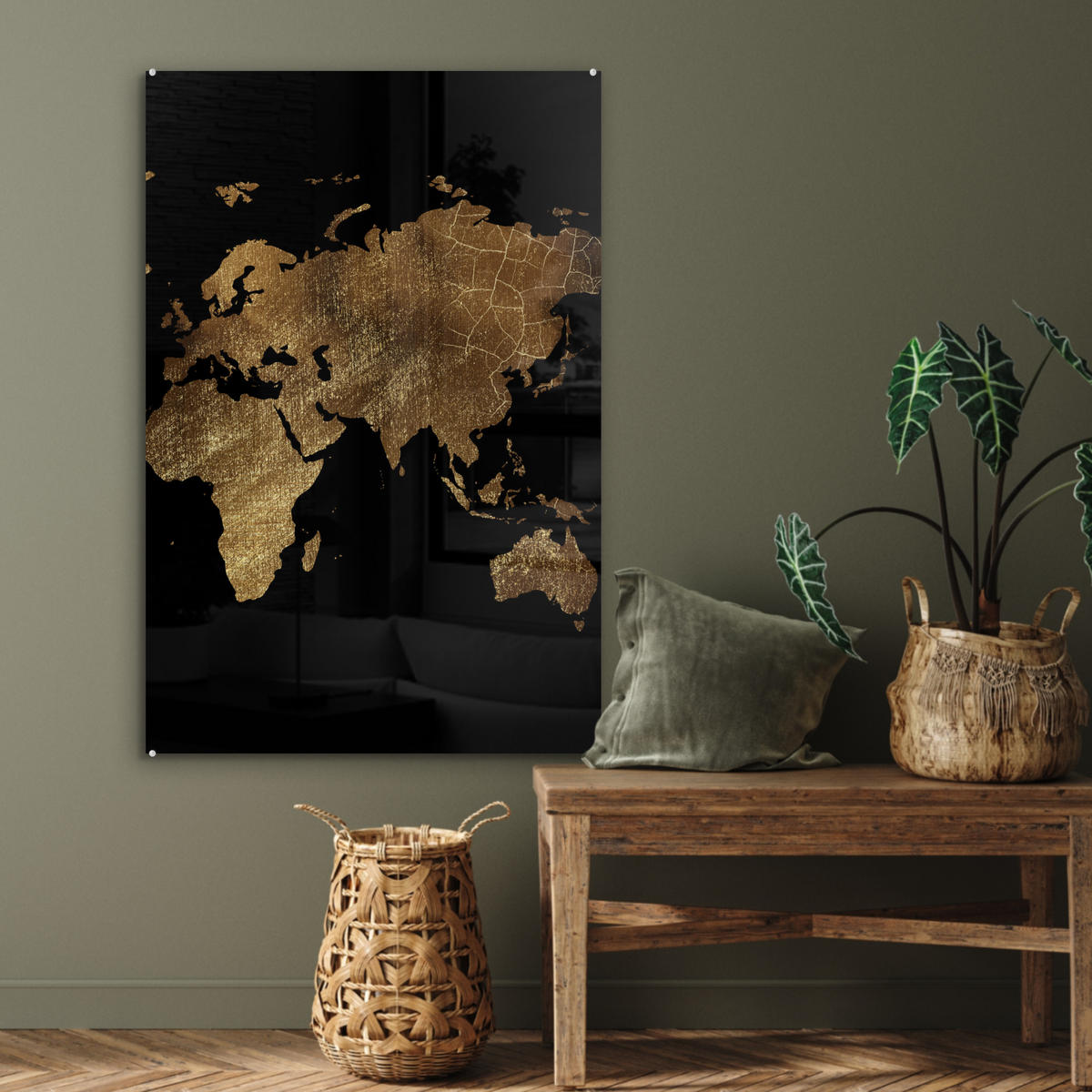 ACRYLGLASBILD Weltkarte - Gold - Luxus - Erde - Schwarz 60x90 cm - Goldfarben, Glas (60/90cm) - MuchoWow