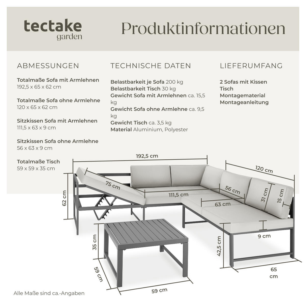 SITZGRUPPE Faro,bodenschonende Kunststofffüße,grau - Grau, Kunststoff/Metall - tectake