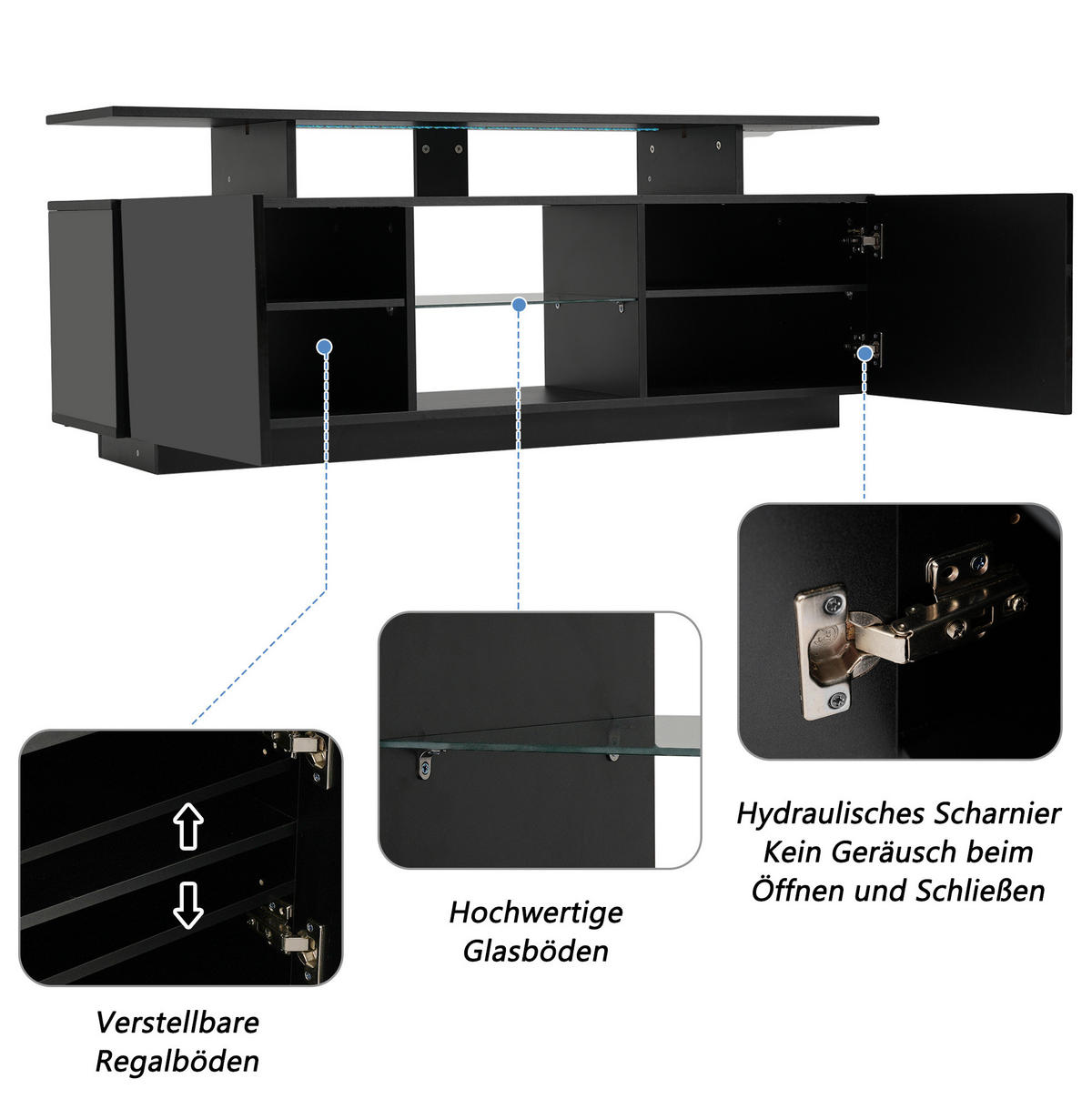 TV-LOWBOARD 140/35/55 cm mit LED-Beleuchtung und 2 Türen in Schwarz - Schwarz, Holzwerkstoff (140/55/35cm) - BEAOK