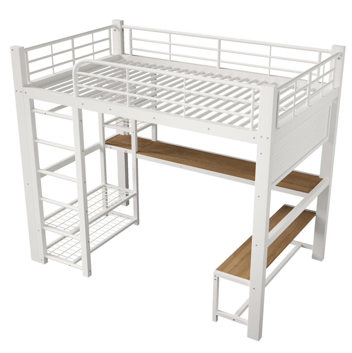 HOCHBETT 140/200 cm mit LED-Beleuchtung, Schreibtisch, Stauraumtreppe und Lochplatte, Weiß - Weiß, Metall (140/200cm) - Redom