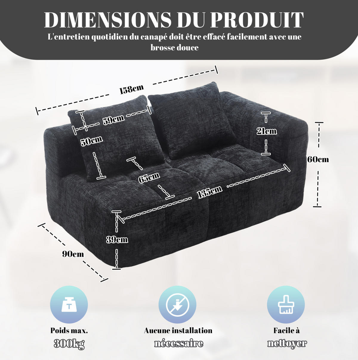 2-SITZER 158/90/60 cm Schwarz aus Chenille mit Seitentaschen - Schwarz, Textil (90/60/158cm) - OKMYHOME