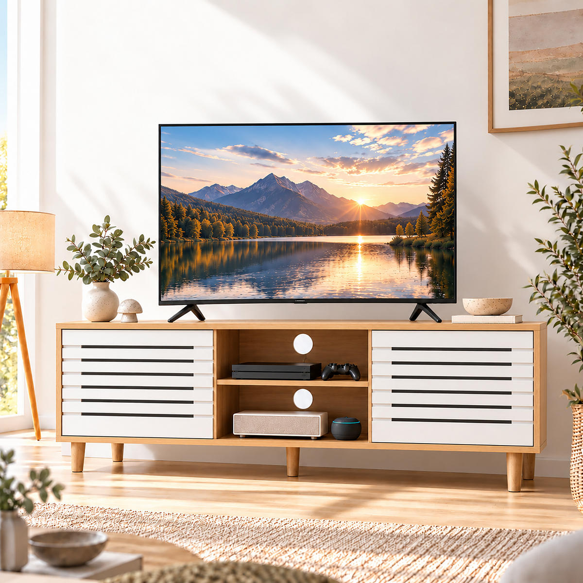 TV-SKŘÍŇKA bílá dřevodekor 2 posuvné dveře 140 cm - světle hnědá, dřevo/kompozitní dřevo (140/49/40cm) - Relaxdays