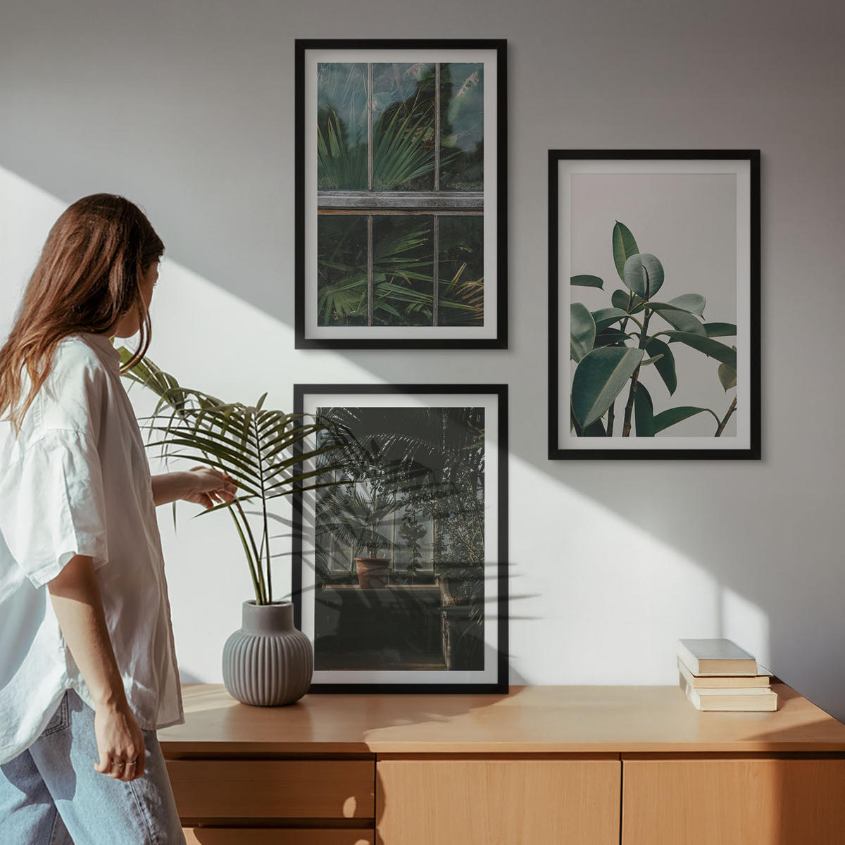 WANDBILDER 3er-Set - 40x60 cm Schwarzer Rahmen - Grüne Blätter an der Fensterpflanze - Schwarz, Kunststoff (40/60cm) - ArtPrintCave