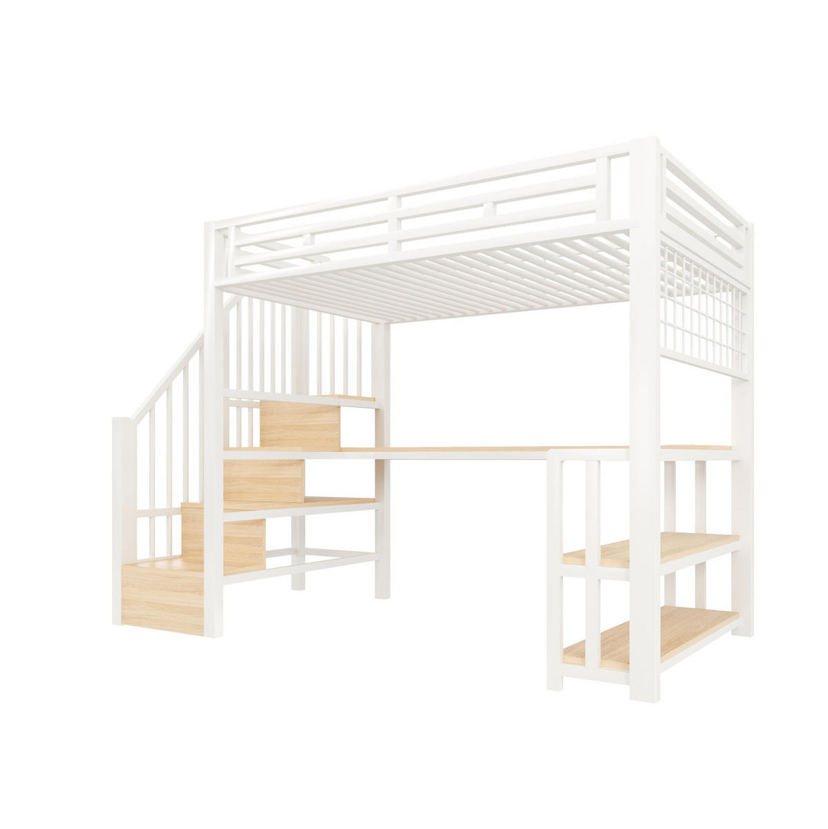 HOCHBETT aus Metall und MDF 90x200 cm Weiß mit Schreibtisch, Stauraumtreppe, Regal, Hängegitter und LED - Weiß, Metall (90/200cm) - Modfu