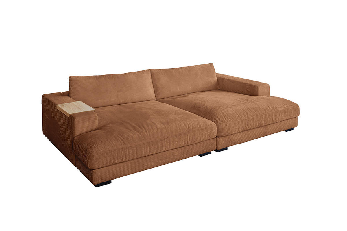 BIG SOFA XL MIT TABLETT NATUR MADELINE Braun Cord - Dunkelbraun/Schwarz, Kunststoff/Textil (290/85/190cm) - KAWOLA
