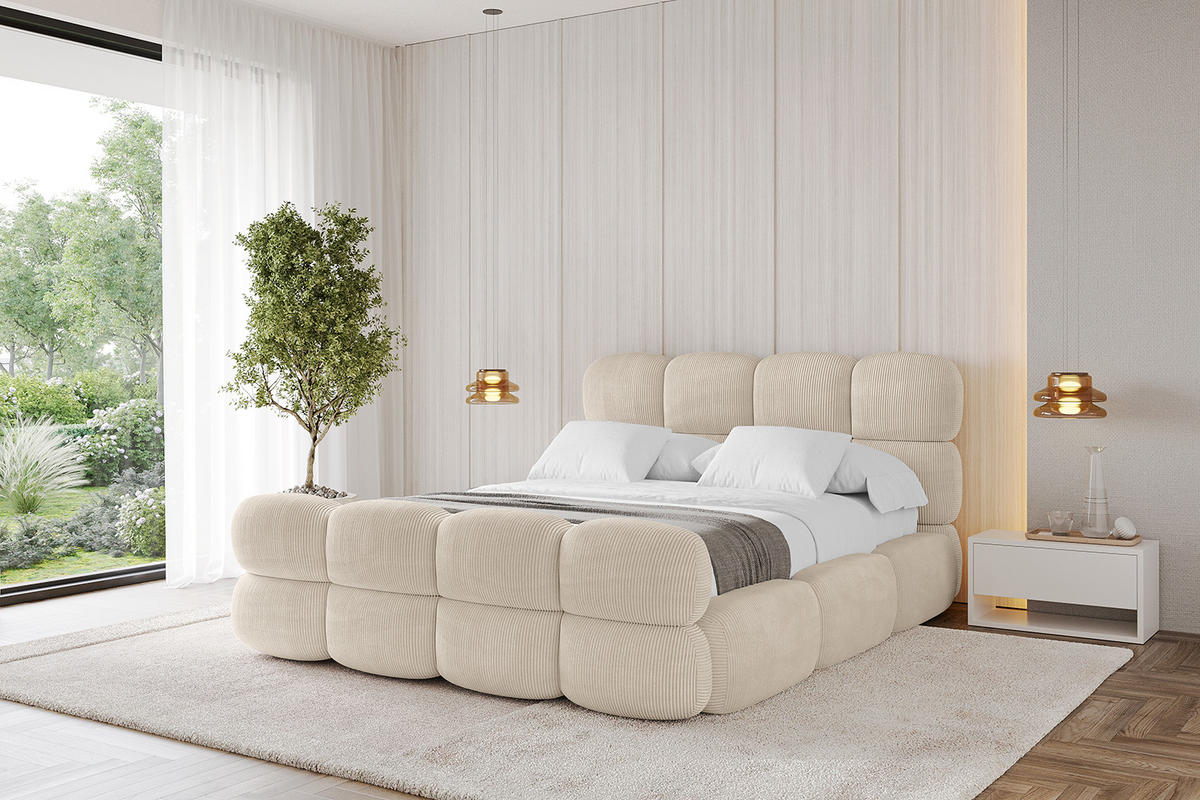 POLSTERBETT mit Bettkasten, Fußteil und Lattenrost, Bett mit Matratze H3/H4 - NOMA-Z 200x200 Beige - Creme, Holzwerkstoff/Textil (200/200cm) - ALTDECOR