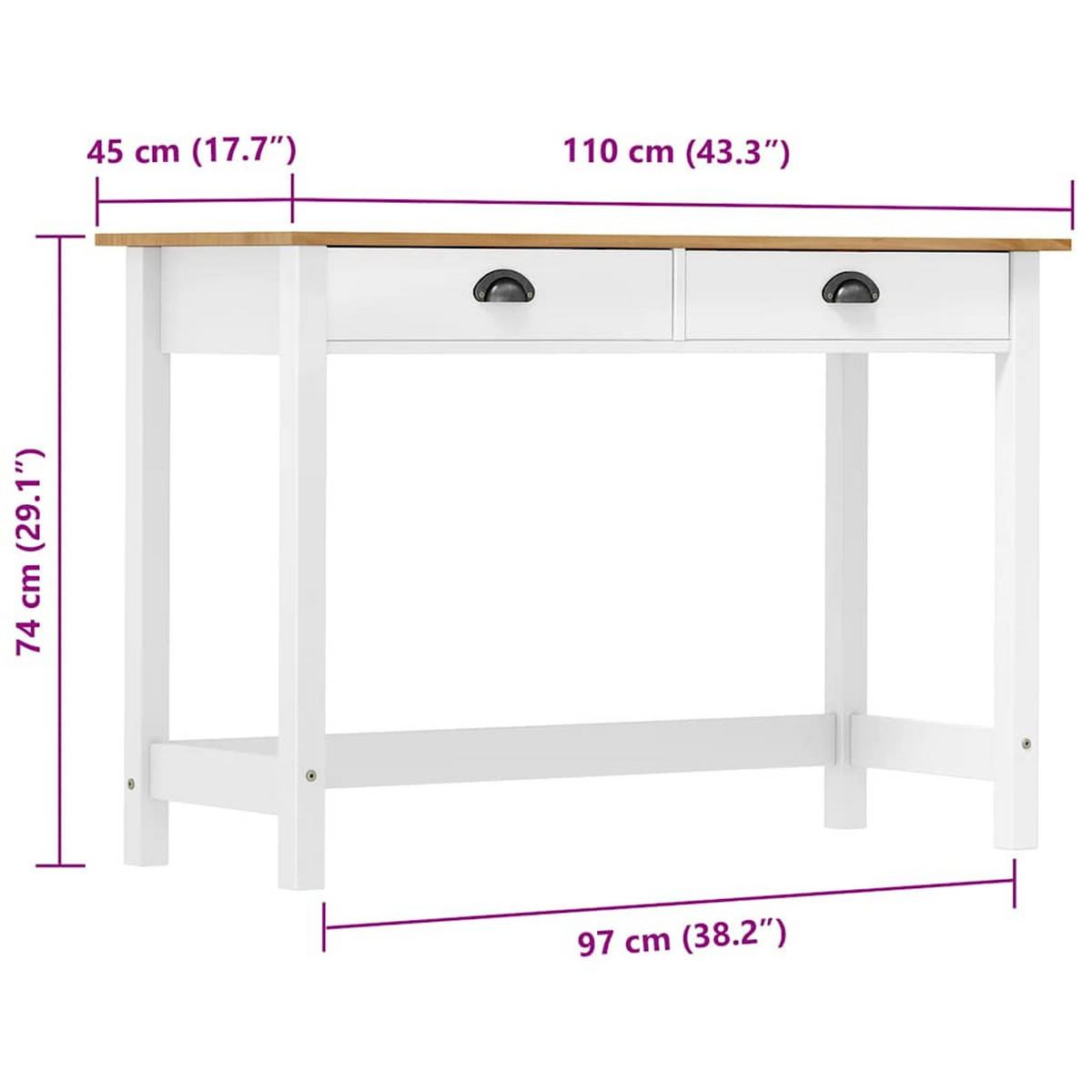 KONSOLENTISCH Hill Mit 2 Schubladen 110/45/74 Cm Kiefernholz - Weiß, Holz (110/110/74cm) - vidaXL