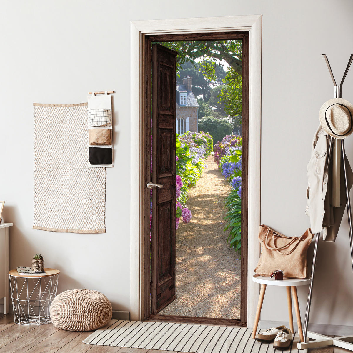 TÜRAUFKLEBER Selbstklebend - Fensterblick - Hortensie - Tür - Blumen - Natur 95x235 cm - Türtapete - Beige, Kunststoff (95/0.1cm) - MuchoWow