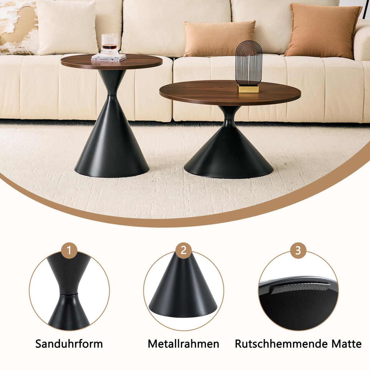 COUCHTISCH-SET aus Melamin und Stahl 70x70x40 cm Walnussoptik/Schwarz, 2-teilig - Walnussfarben, Metall (70/70/40cm) - IVMEU