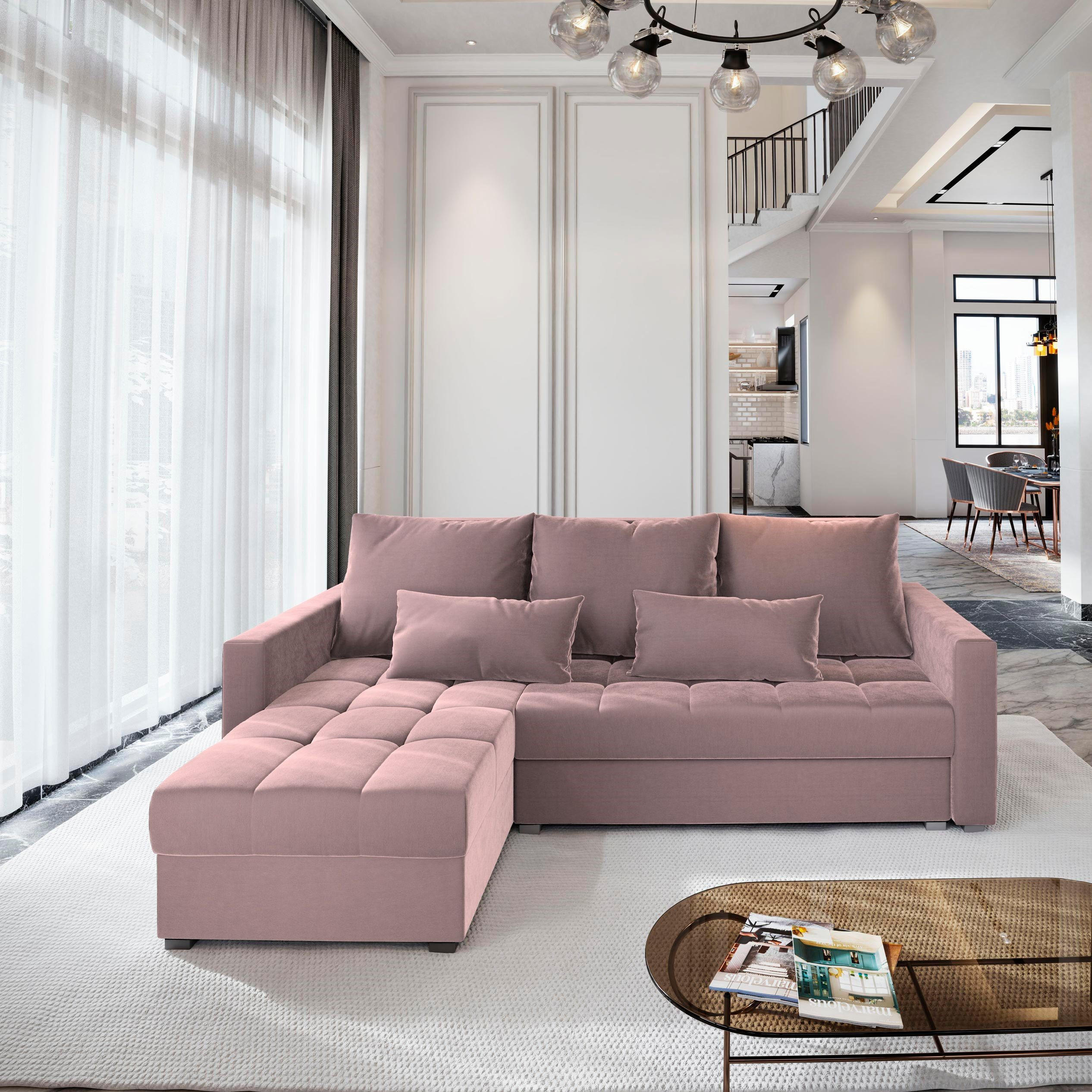 ECKSOFA KOS PIK Rosa Plüsch-Stoff mit Schlaffunktion - Rosa, Holz (220/140cm) - MASSENO