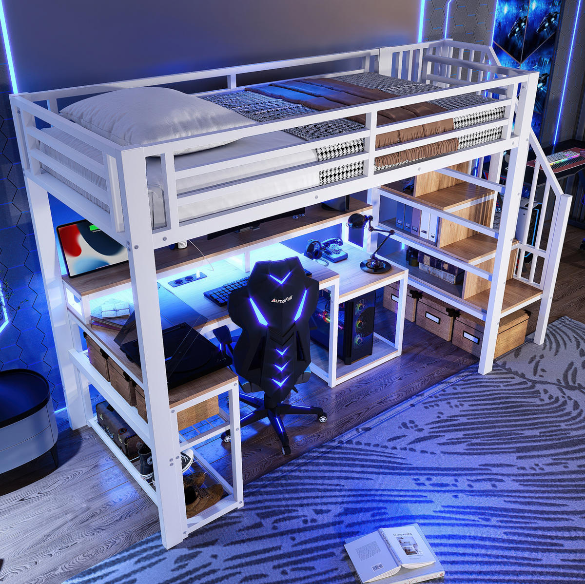 HOCHBETT aus Metall und MDF 90x200 cm Weiß mit Schreibtisch, LED-Leiste und USB-Anschlüssen - Weiß, Metall (90/190cm) - IVMEU