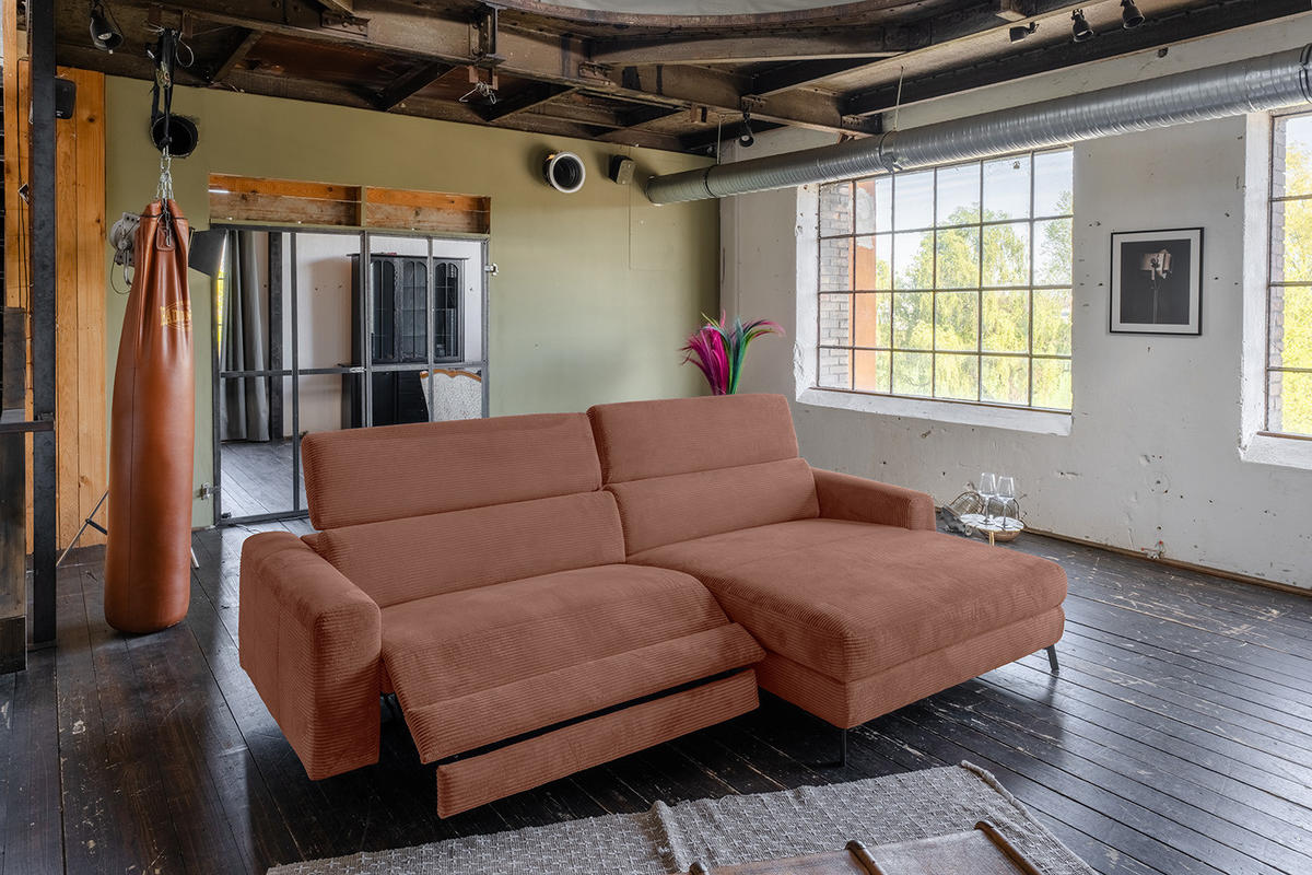 ECKSOFA LAISKA Braun Cord Relaxfunktion - Dunkelbraun/Schwarz, Textil/Metall (282/177cm) - KAWOLA