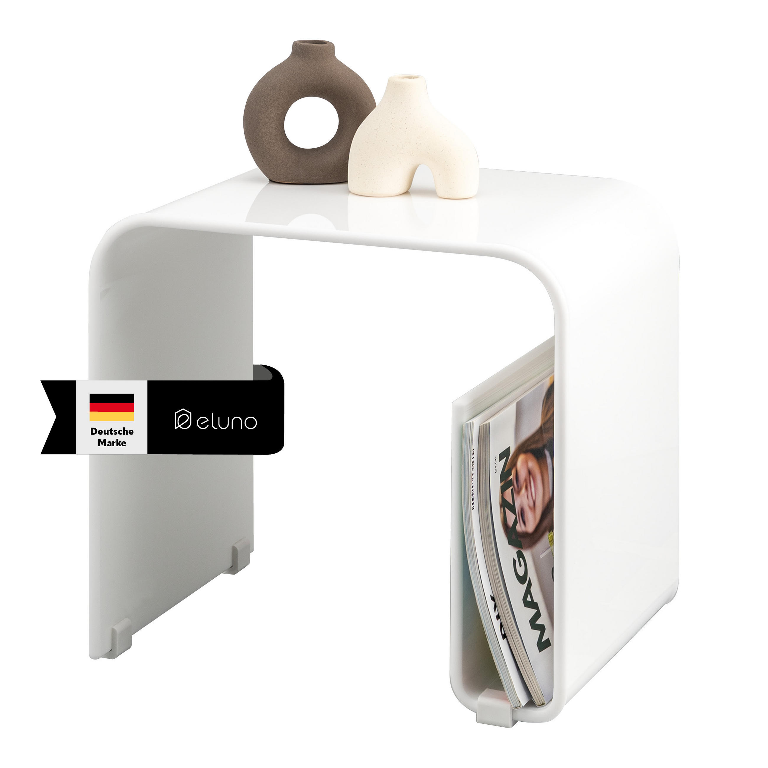 BEISTELLTISCH MIT MAGAZINHALTER Acryl weißglänzend - Weiß Hochglanz, Kunststoff (30/38.5/35.5cm) - eluno