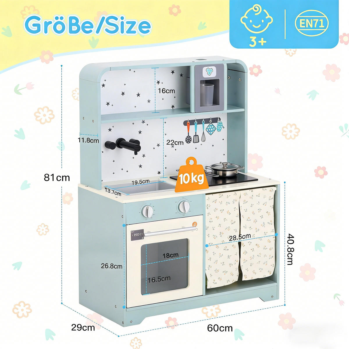 KINDERKÜCHE Blau – Spielküche mit Eiserzeuger & Mikrowelle, Zubehör & Soundeffekten, Holz/Kunststoff, ab 3 Jahren 29x60x81cm - Blau, Holzwerkstoff (60/29/81cm) - Ej. Life