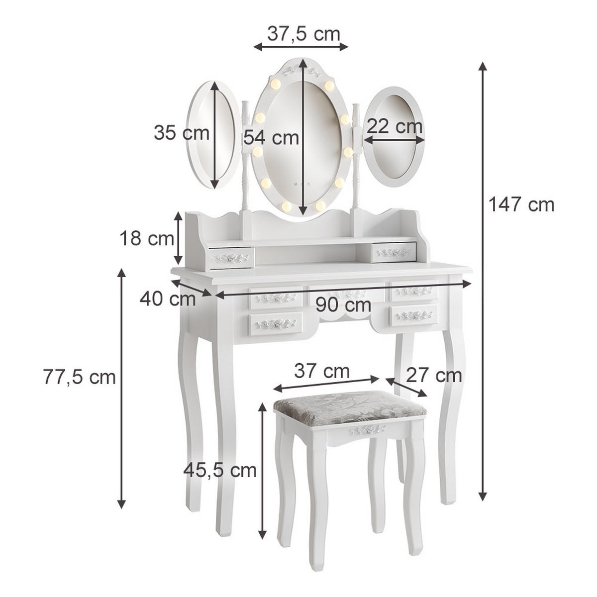 SCHMINKTISCH Diana Weiß 90 cm mit Beleuchtung und Hocker - Weiß, Holzwerkstoff (90/147/40cm) - Vicco