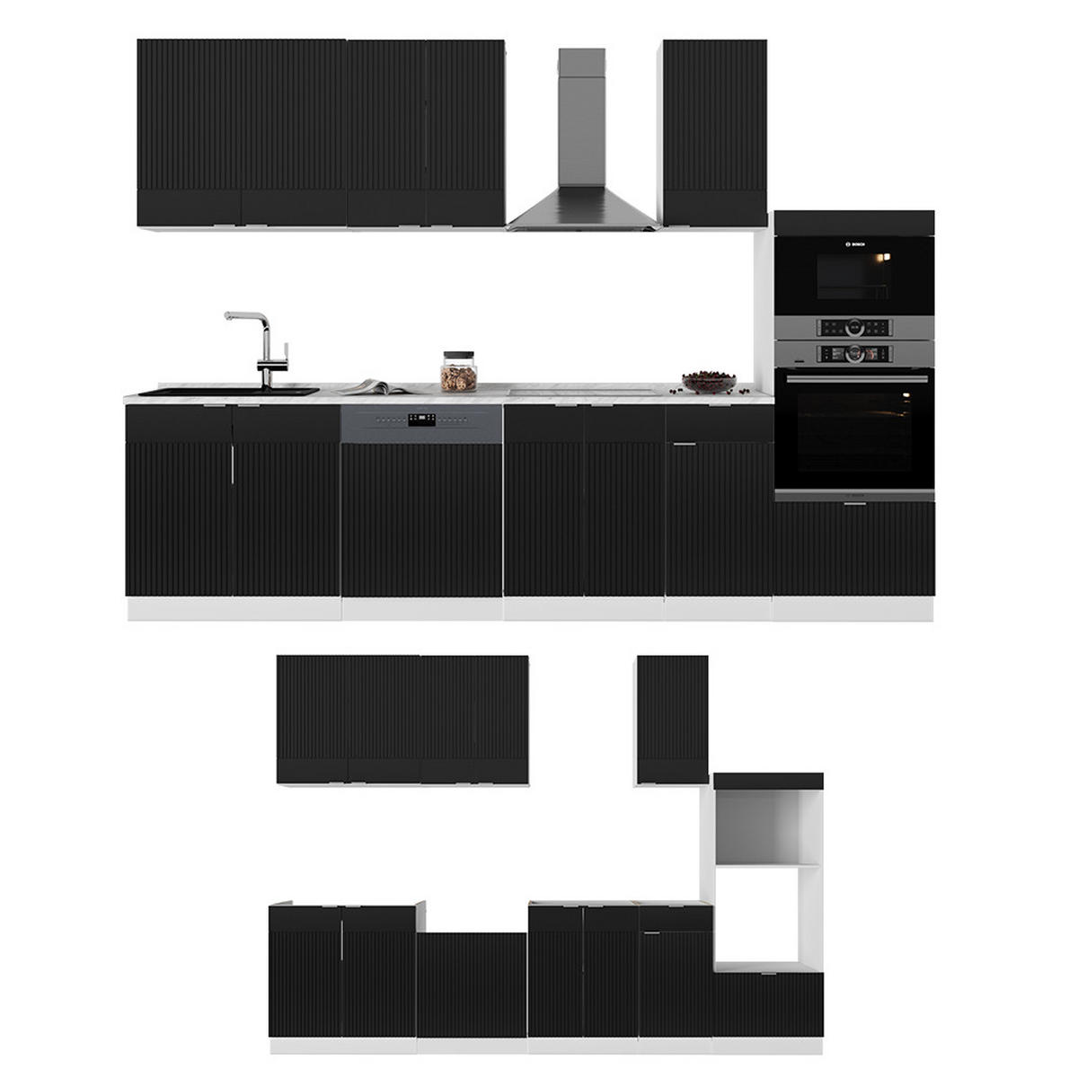 KÜCHENZEILE Fame-Line, Schwarz gestreift/Weiß, 300 cm mit Hochschrank, AP Anthrazit - Schwarz/Weiß, Holzwerkstoff (300/81.6/60cm) - Vicco