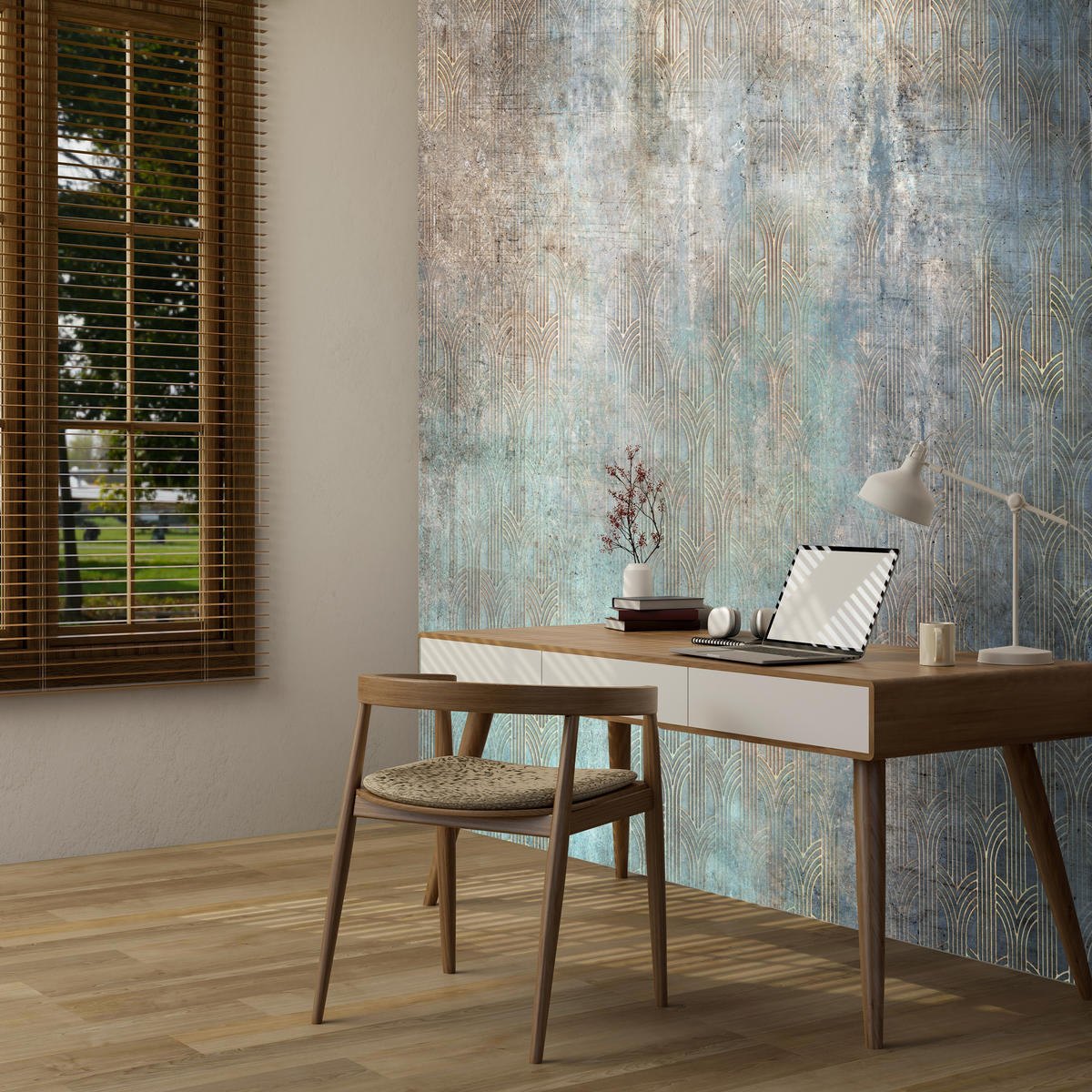 FOTOTAPETE für Wohnzimmer Abstrakter Bogen Mural Geometrie 450x315 - Türkis/Beige, Papier (450/315cm) - Muralo