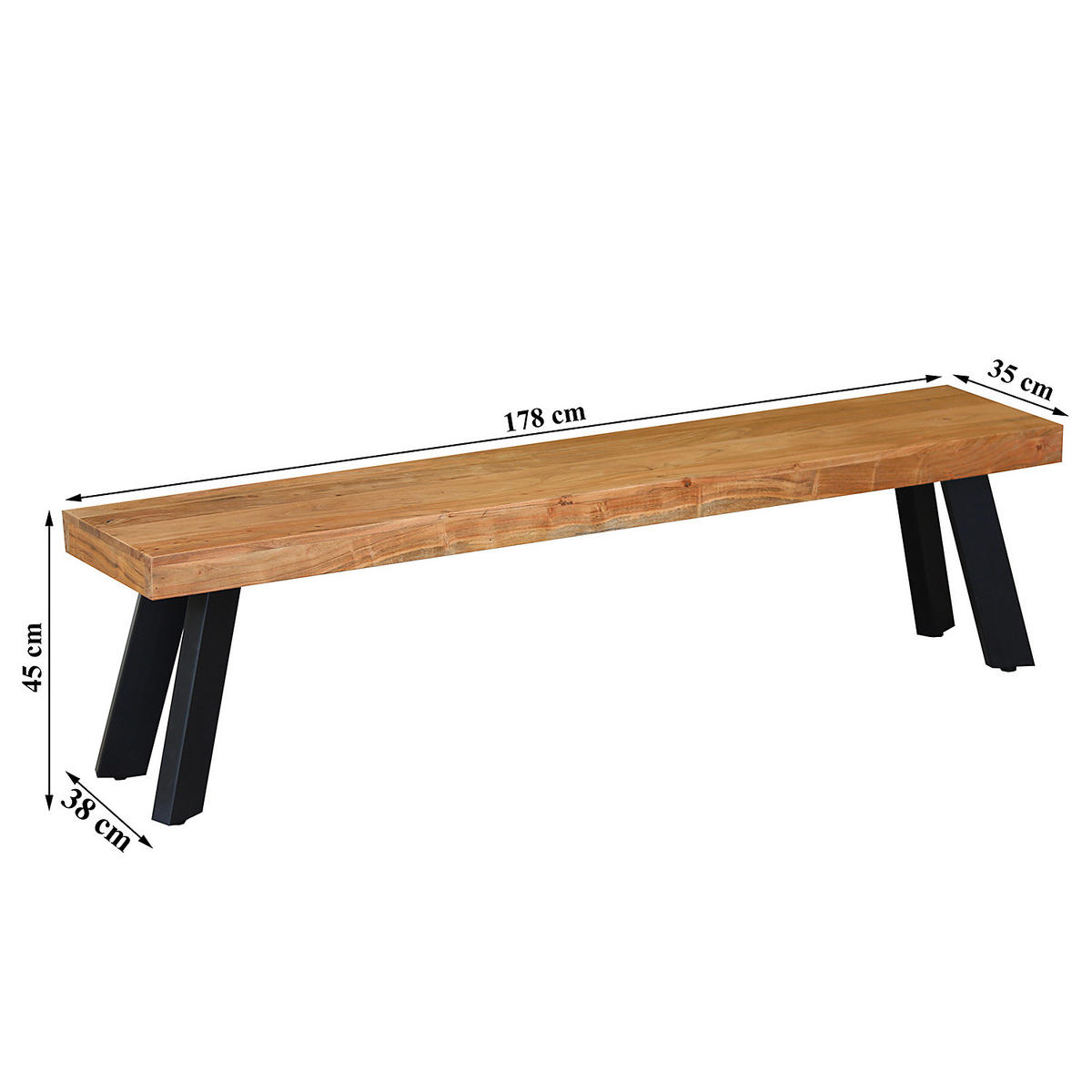 SITZBANK - Akazie massiv / Eisen - Akaziefarben, Holz (178/45/38cm) - home24