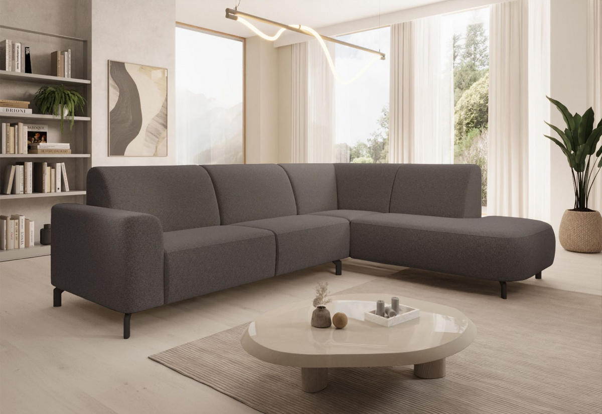 ECKSOFA Lununa Graubraun mit Armlehne, Bouclé, Ottomane rechts - Taupe/Schwarz, Textil/Metall (218/277cm) - Selsey