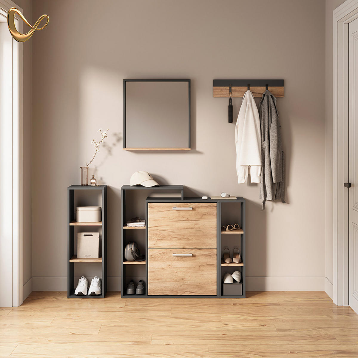 AUFBEWAHRUNGSREGAL Ortello Anthrazit/Goldkraft Eiche 30 x 90.5 cm - Honigeiche/Anthrazit, Holzwerkstoff (30/90.5/24cm) - Livinity®