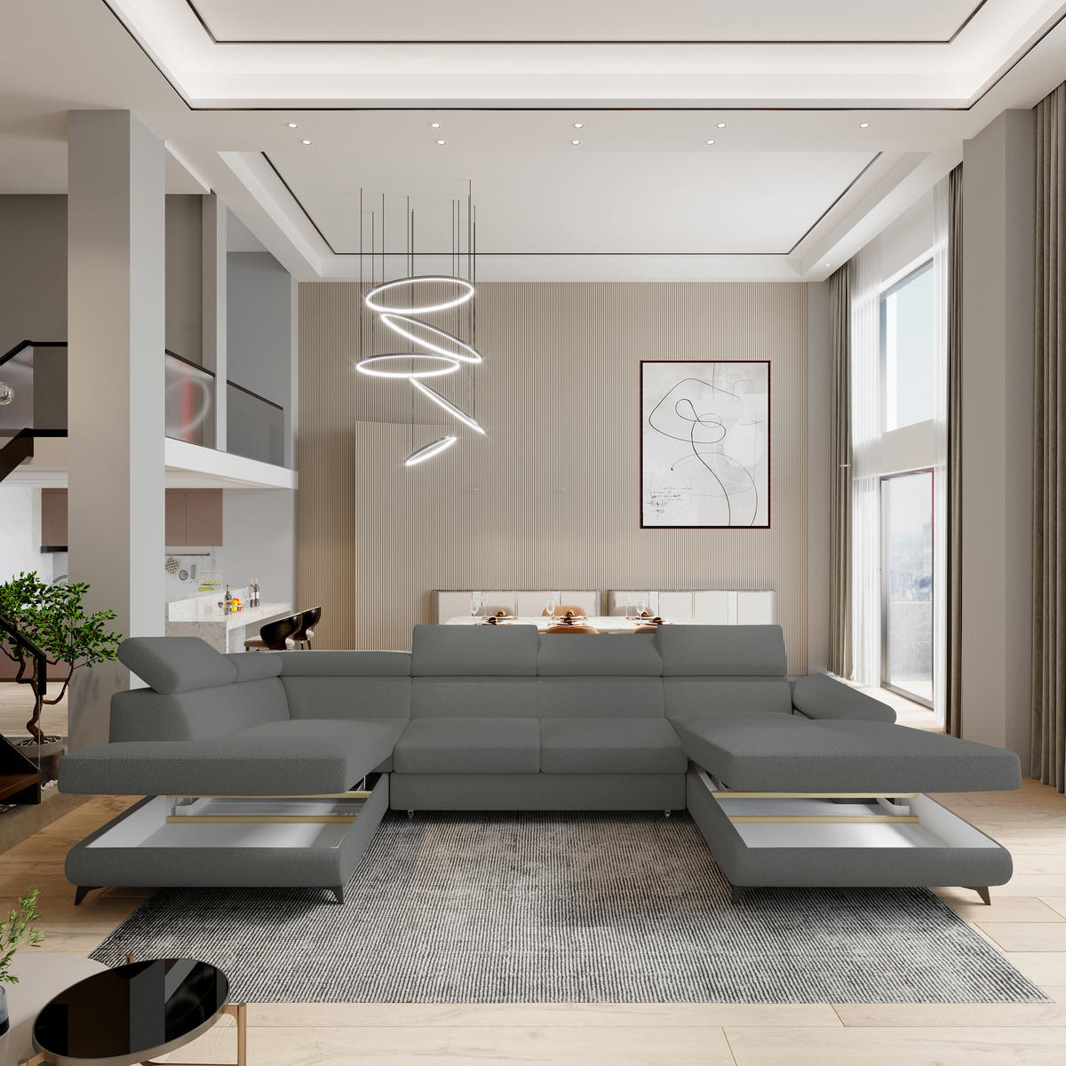 WOHNLANDSCHAFT RUBANO L-S Grau Boucle-Stoff mit Schlaffunktion - Grau, Holz (339/89/190cm) - MASSENO