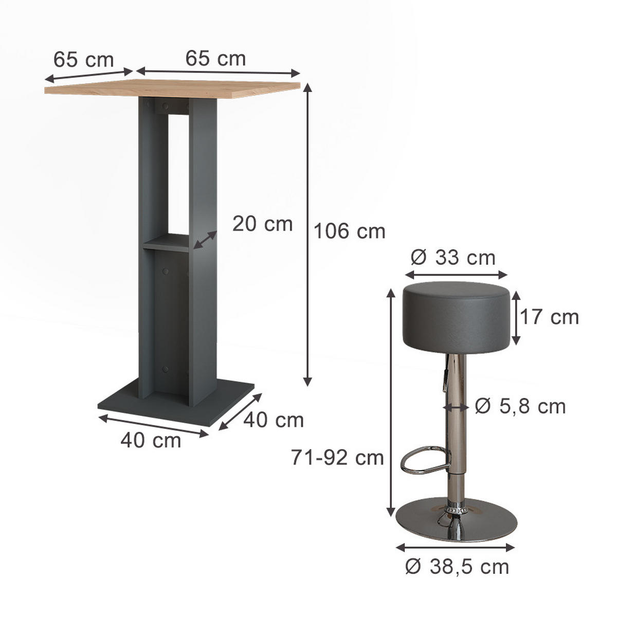 BAROVÝ STŮL Repose Zlatý dub power/antracit - medově dubová/černá, kompozitní dřevo (65/65/106cm) - Vicco