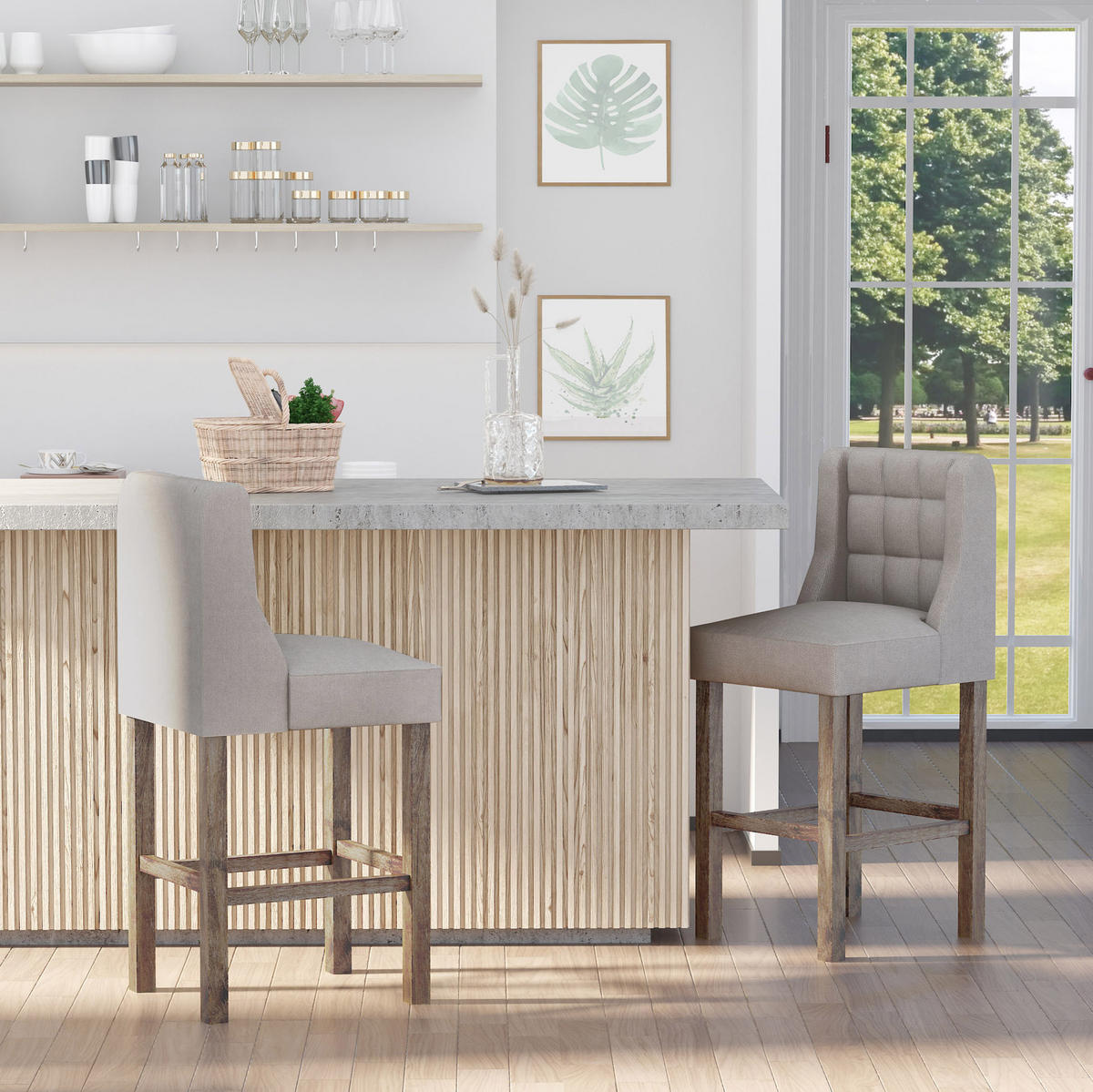 BARHOCKER 2er-Set mit Rückenlehne 47 x 50 x 101 cm Polyester Beige - Beige, Metall (50/101/47cm) - Meubliv