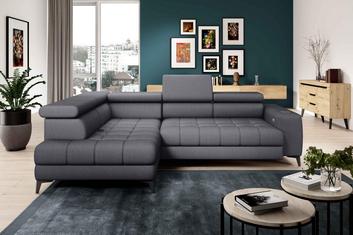 ECKSOFA BAGGIO Letto Stoff, Schlaffunktion, Bettkasten, Sitztiefe, Kopfstützen 280x196cm – Links – Dunkelgrau - Dunkelgrau, Holz/Textil (196/280cm) - DomoHome