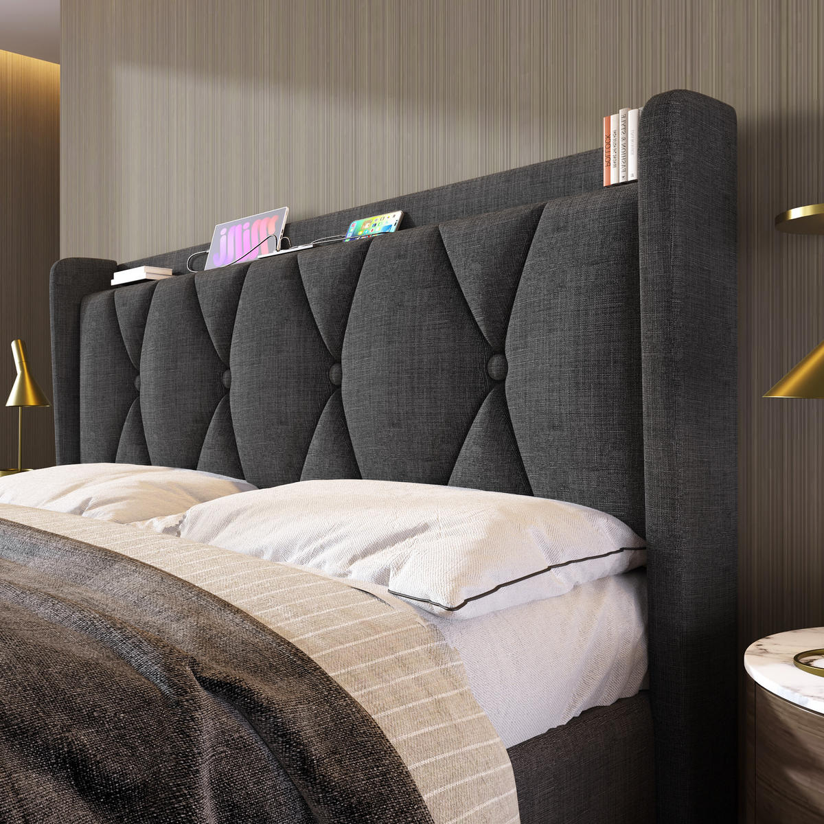 POLSTERBETT 140/200 cm mit 4 Schubladen & Kopfteil mit 2 Steckdosen + 2 USB, Leinen Grau - Grau, Textil (140/200cm) - Redom