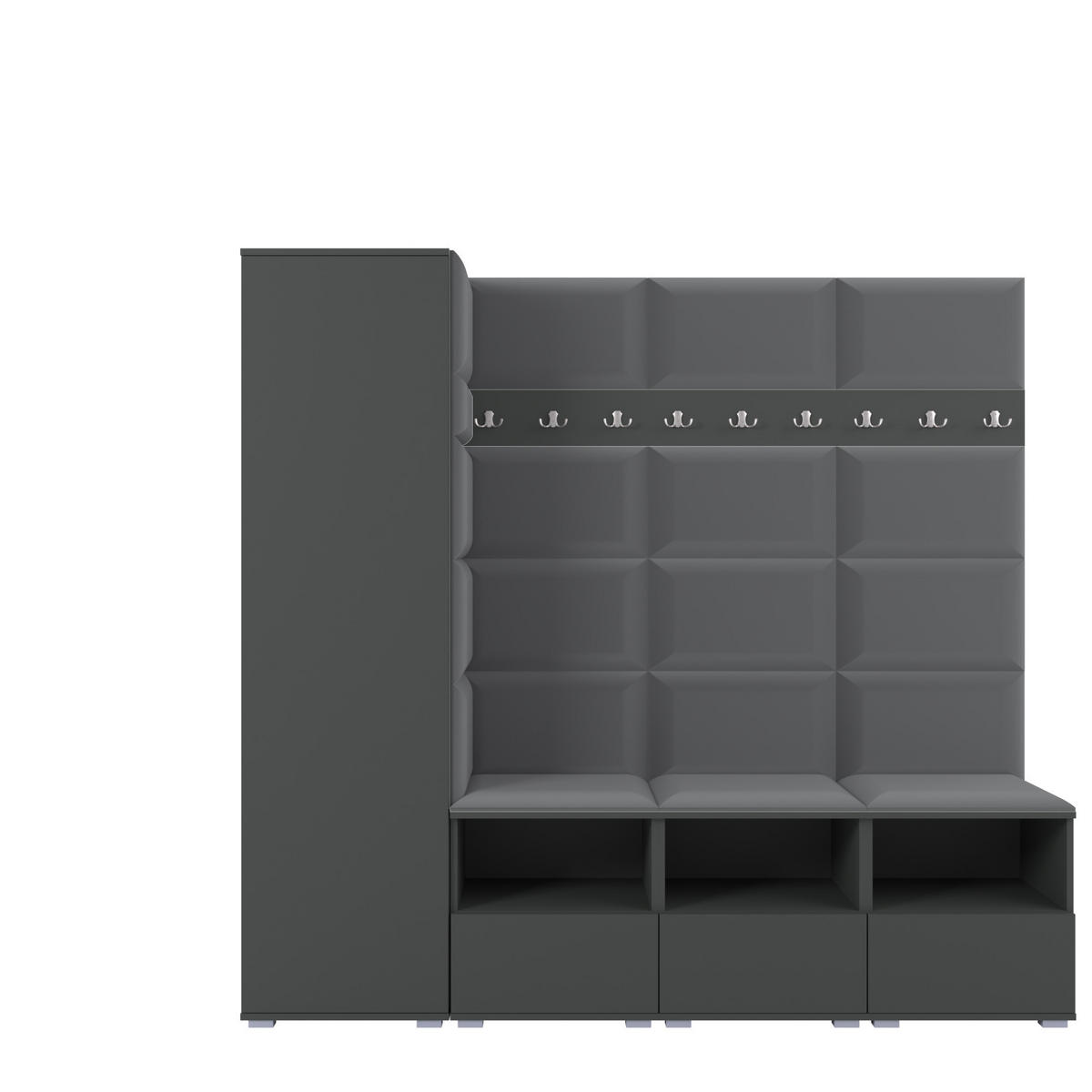 GARDEROBE NELA IX 200 cm (Modulare Flurmöbel Graphit mit Sitzpolster Dunkelgrau 15 Breite Sitzbank) - Dunkelgrau/Silberfarben, Holz/Holzwerkstoff (200/187/40cm) - Ravio