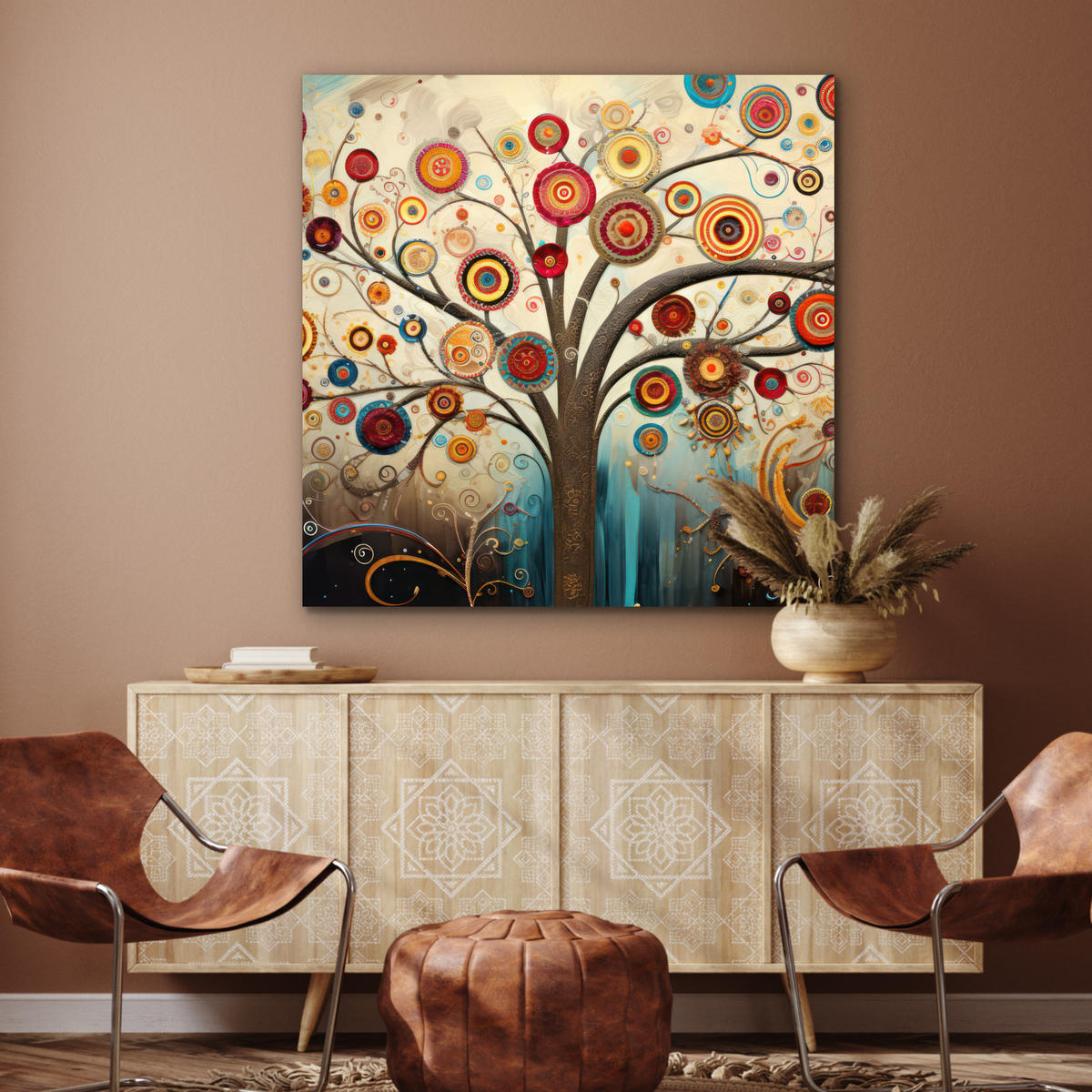 KOVOVÝ OBRAZ Strom - Strom života - Farba 90x90 cm - hnedá, kov (90/90cm) - MuchoWow